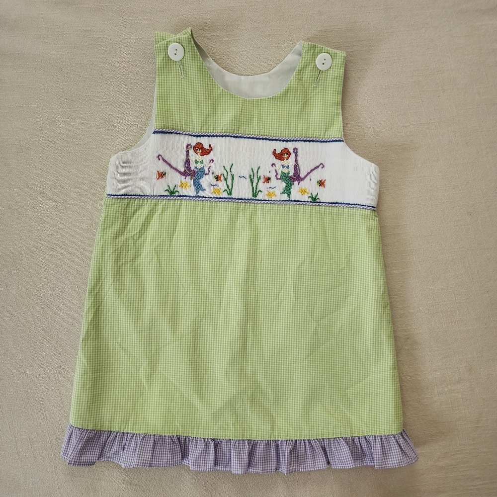 Mermaid smocked gingham green purple dress 3t